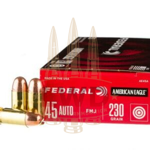 There is an old saying when it comes to shooting a 45 ammo: “They all fall to hard ball.” AFS is proud to offer Federal’s American Eagle branded 45 automatic colt pistol (ACP) hard ball ammunition for sale, designated as AE45A. These 1,000 rounds of brass cased 45 ACP ammunition are boxer primed and are loaded with 230gr FMJ (Full Metal Jacket) projectiles. This 1,000 round case will give you more than enough ammunition to feed your hungry 45s and last several extended range sessions with your favorite handgun. This ammunition is economically priced for target practice in 20 50-round boxes and is a choice of IPSC and IDPA shooters worldwide. It is perfect to take along to an advanced pistol class where students shoot a lot of ammo through the course. The 230 grain FMJ round leaves the muzzle at 850 feet per second. Federal ammunition is loaded using the highest quality components manufactured in-house and exceeds all United States Military and NATO standards. Regarded as an industry leader for close to a century, the company was founded in 1922 and is headquartered in Anoka, Minnesota. In addition to manufacturing quality ammunition, Federal is renowned for making all of their components in house and their primers, brass and projectiles have long been the first choice for professional shooters and reloaders throughout the world. Although the American Eagle brand is priced for volume shooting it offers the same quality brass cases and dependable primers as Federal’s Premium line of ammunition. For reliable function, feeding and ignition at a consistent and affordable price look no further than American Eagle by Federal.