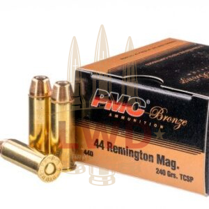 Dirty Harry Callahan said it best with his 44 Magnum when he told a bad guy: “Go ahead, make my day”. AmmoForSale.com is looking to make your day at the range by offering PMC’s 44 Magnum ammo for sale. These 25 rounds of brass cased ammunition are boxer primed and are loaded with 240 grain TCSP (Truncated Cone Soft Point) projectiles and are an awesome This ammunition was designed for use in hunting or self defense but this 25-round box is still priced to be economical enough for target practice. The 240 grain TCSP has a muzzle velocity of 1,300 feet per second and still delivers over 1,000 feet per second at 100 yards. The soft point bullet delivers controlled expansion when it hits a soft target, creating a larger than normal wound channel over a short distance without dumping all of its energy at superficial depths. PMC’s Bronze series of ammunition is loaded using PMC’s high quality components that are manufactured in-house; exceeding all US Military and NATO standards.